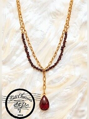 Natural Ruby Chips In 2-Strand Paperclip Necklace W/ Genuine Ruby Pendant